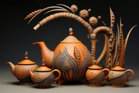 traditional clay teapot with tea cups and accessories, created with generative aiの素材