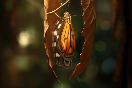 chrysalis hanging from a leaf with butterfly emerging, created with generative aiの素材