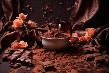 cocoa beans and chocolate shavings surrounding pralines, created with generative aiの素材