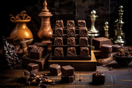 artistic shot of praline molds filled with chocolate, created with generative aiの素材