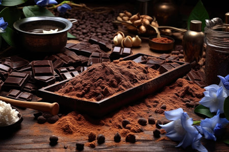 cocoa beans and chocolate shavings on a table, created with generative aiの素材
