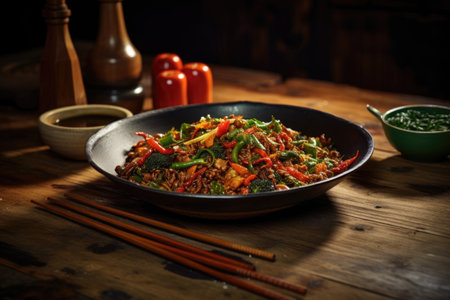 wok on a rustic wooden table with chopsticks nearby, created with generative aiの素材