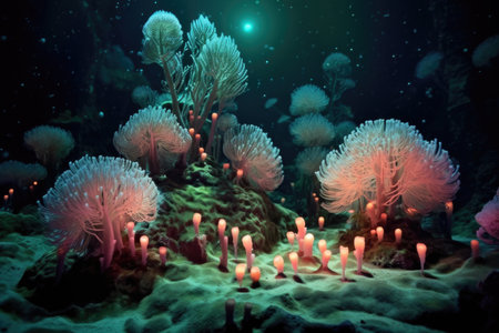 colorful coral polyps illuminated by moonlight underwater, created with generative aiの素材