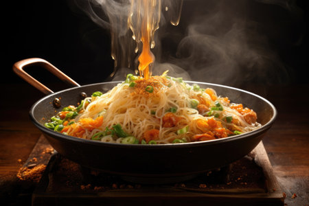 steam rising from sizzling wok with noodles and sauce, created with generative aiの素材