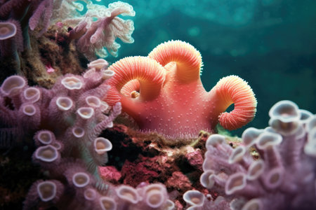 close-up of coral polyps with extended tentacles capturing prey, created with generative aiの素材