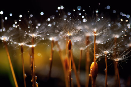 close-up shot of dandelion seeds taking flight, created with generative aiの素材