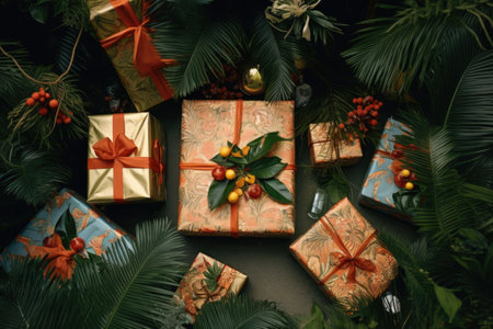 top view of beautifully wrapped gifts under the tree, created with generative aiの素材