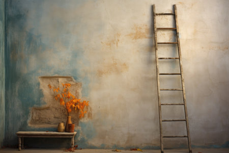 ladder leaning against a wall for repair, created with generative aiの素材