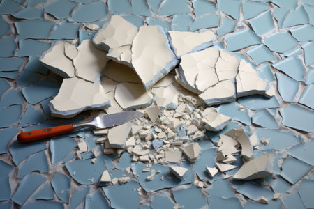 broken ceramic tile with adhesive and trowel, created with generative aiの素材