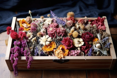 assorted dried flowers in a wooden box, created with generative aiの素材
