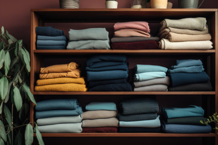 stack of folded jeans and sweaters on a shelf, created with generative aiの素材
