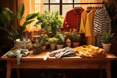 folding clothes on a wooden table with plants, created with generative aiの素材