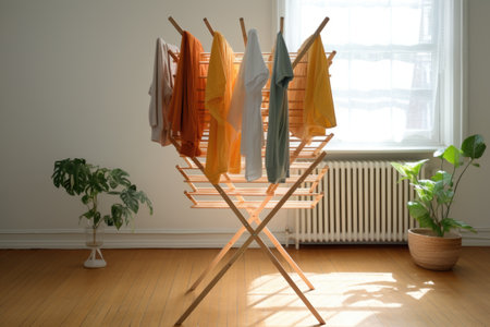 clothes drying rack with folded laundry, created with generative aiの素材