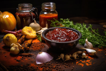bbq sauce and spices near a lit grill, created with generative aiの素材