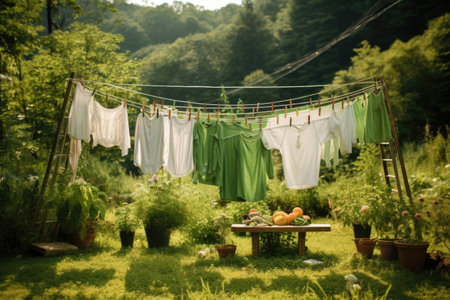 eco-friendly drying: clothes on line in a green garden, created with generative aiの素材