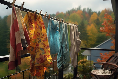 raindrops on clothes drying after a sudden shower, created with generative aiの素材