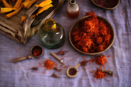 top view of harvested saffron stigmas on a table, created with generative aiの素材