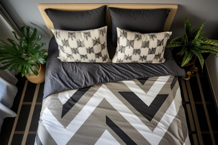 top view of a bed with geometric patterned sheets, created with generative aiの素材