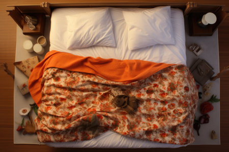 a top-down view of a perfectly made bed, created with generative aiの素材