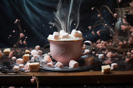 marshmallows floating on top of hot chocolate, created with generative aiの素材