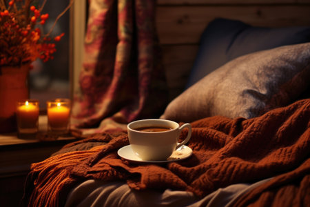 cup of hot chocolate and a cozy blanket on sofa, created with generative aiの素材