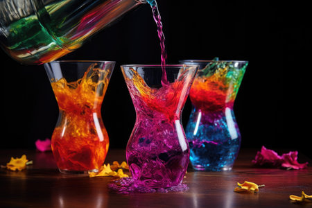 pouring vibrant cocktail mix into glass from shaker, created with generative aiの素材