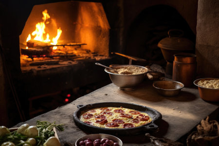 homemade pizza baking in a traditional oven, created with generative aiの素材