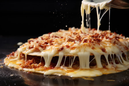 mozzarella cheese shreds melting on hot pizza crust, created with generative aiの素材