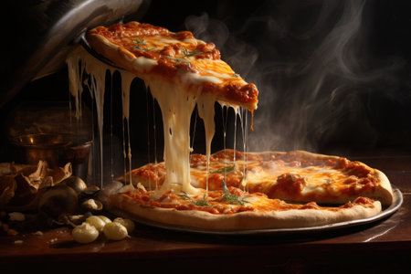 sliced pizza with steam rising from the melted cheese, created with generative aiの素材