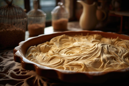 close-up of pastry dough in a pie dish, created with generative aiの素材