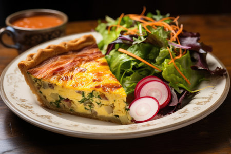 quiche served on a plate with a side salad, created with generative aiの素材