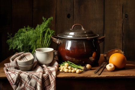 soup pot on a wooden table with vintage cookware, created with generative aiの素材
