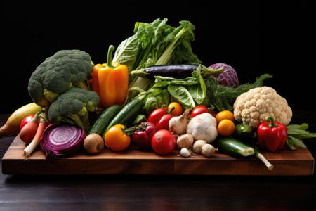 freshly washed vegetables on a board, created with generative aiの素材