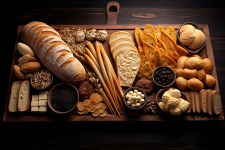 various bread types arranged on a board, created with generative aiの素材