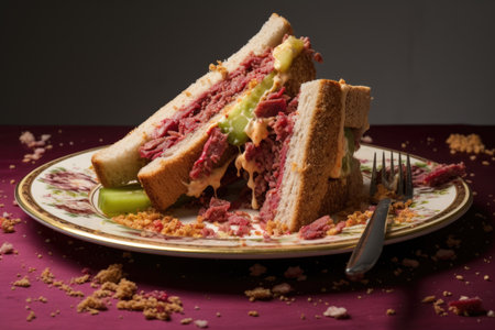 bite taken out of sandwich, crumbs on plate, created with generative aiの素材