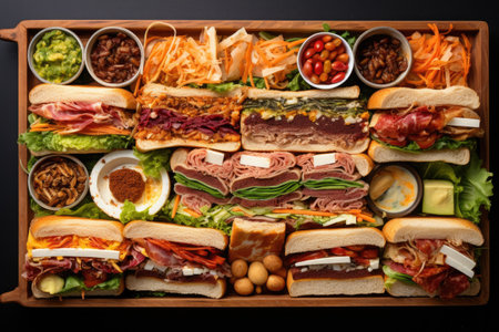 overhead view of a neatly assembled sandwich, created with generative aiの素材