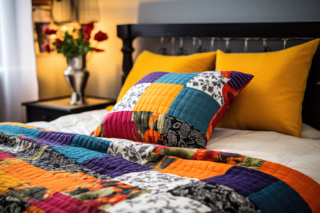 freshly made bed with colorful linens and pillows, created with generative aiの素材