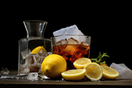 ice tea ingredients: tea bags, lemon, sugar, and ice cubes, created with generative aiの素材