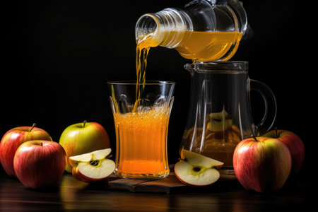 apple juice pouring from juicer into a glass, created with generative aiの素材