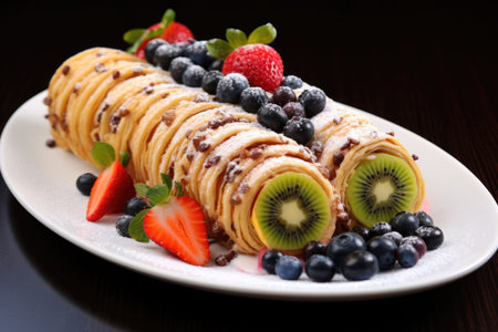 rolled-up pancakes with fruit filling, created with generative aiの素材