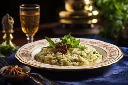 risotto garnished with fresh herbs on a plate, created with generative aiの素材