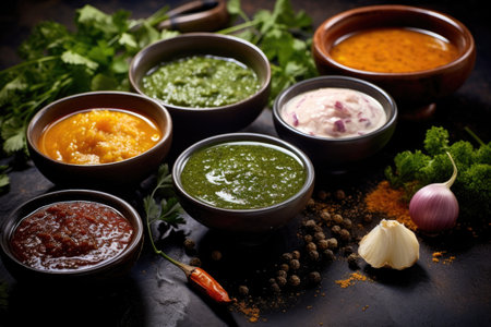 variety of sauces in small bowls with herbs and spices around, created with generative aiの素材