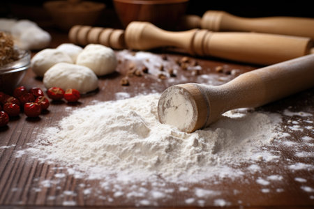 close-up of rolling pin flattening dough balls, created with generative aiの素材
