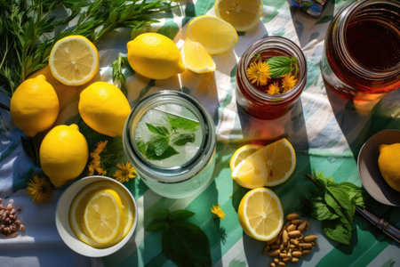 overhead view of lemonade ingredients on a table, created with generative aiの素材