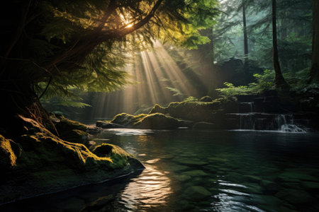 sun beams streaming through trees onto a secluded natural pool, created with generative aiの素材