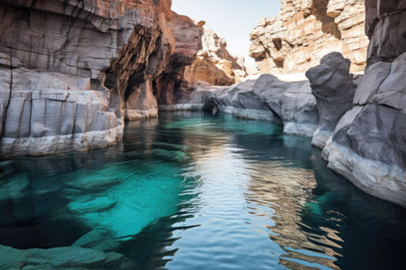 a rocky basin filled with turquoise water, created with generative aiの素材