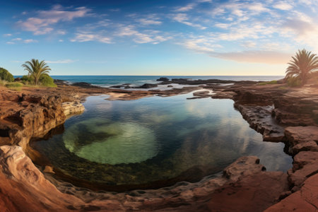panoramic view of a breathtaking natural pool at sunrise/sunset, created with generative aiの素材