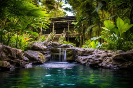 natural pool with cascading waterfall and lush vegetation, created with generative aiの素材