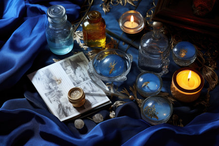 flat lay of night creams, serums, and eye masks, created with generative aiの素材