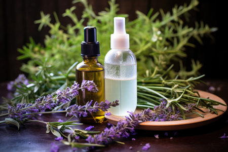 cleanser foam, toner, and moisturizer with lavender sprigs, created with generative aiの素材